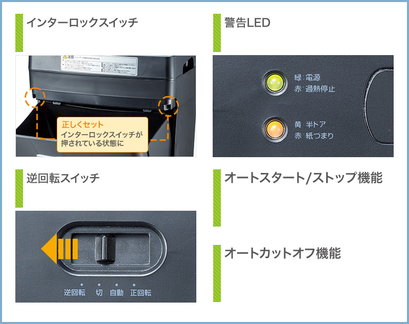 インターロックスイッチ 警告LED 逆回転スイッチ オートスタート/ストップ機能 オートカットオフ機能