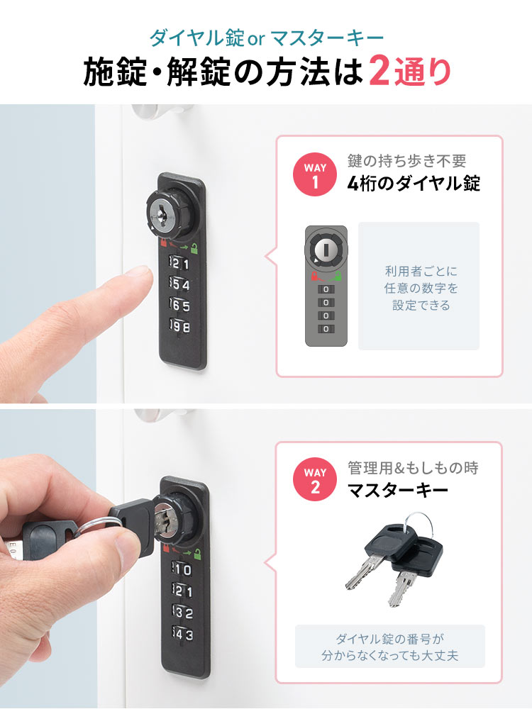 鍵の持ち歩き不要な4桁のダイヤル錠と管理用&もしもの時のマスターキー、施錠・解錠の方法は2通り。