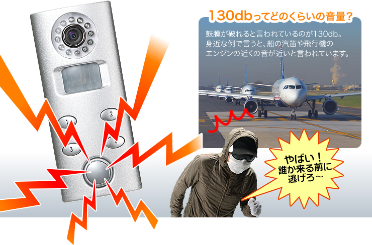 130dbの大音量アラームで撃退