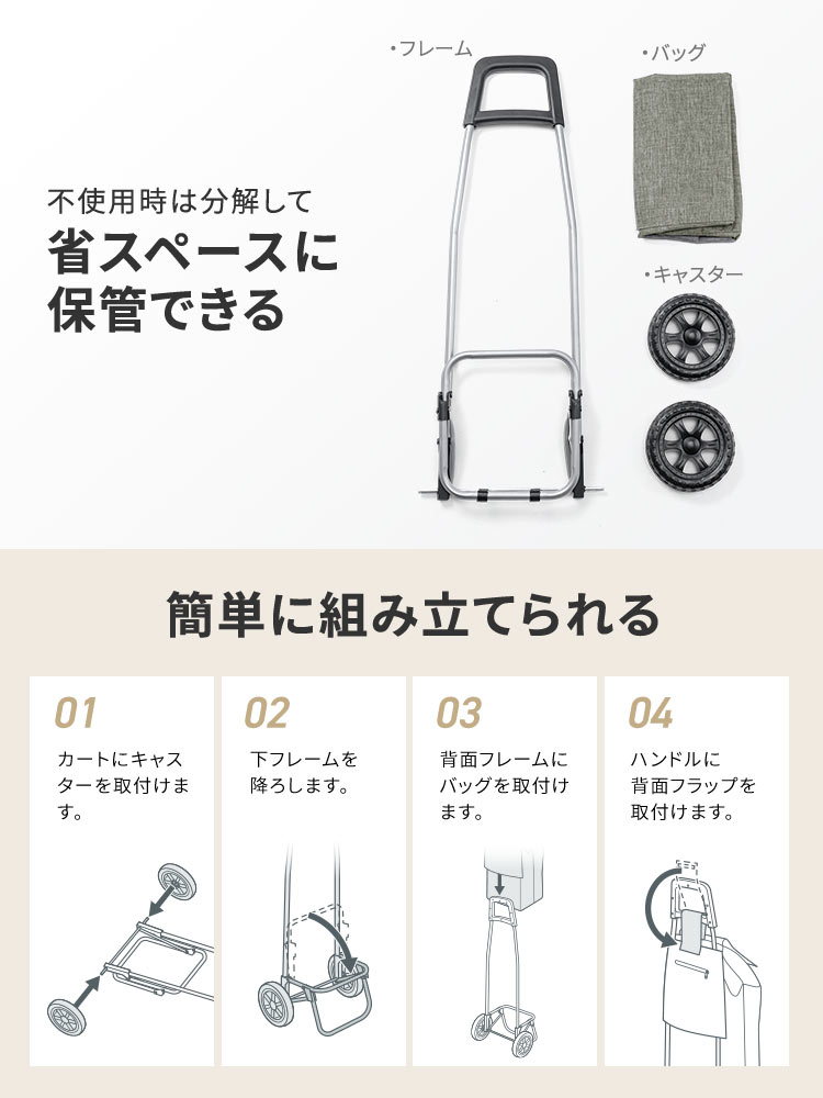 不使用時は分解して省スペースに保管でき、簡単に組み立てられます。組み立て方法、1、カートにキャスターを取付けます。2、下フレームを降ろします。3、背面フレームにバッグを取付けます。4、ハンドルに背面フラップを取付けます。