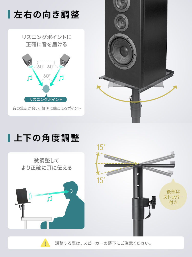 左右の向き調整してリスニングポイントに正確に音を届け、上下の角度を微調整してより正確に耳に伝えることができます。後部にはストッパーが付いていますが、調整する際は、スピーカーの落下にご注意ください。