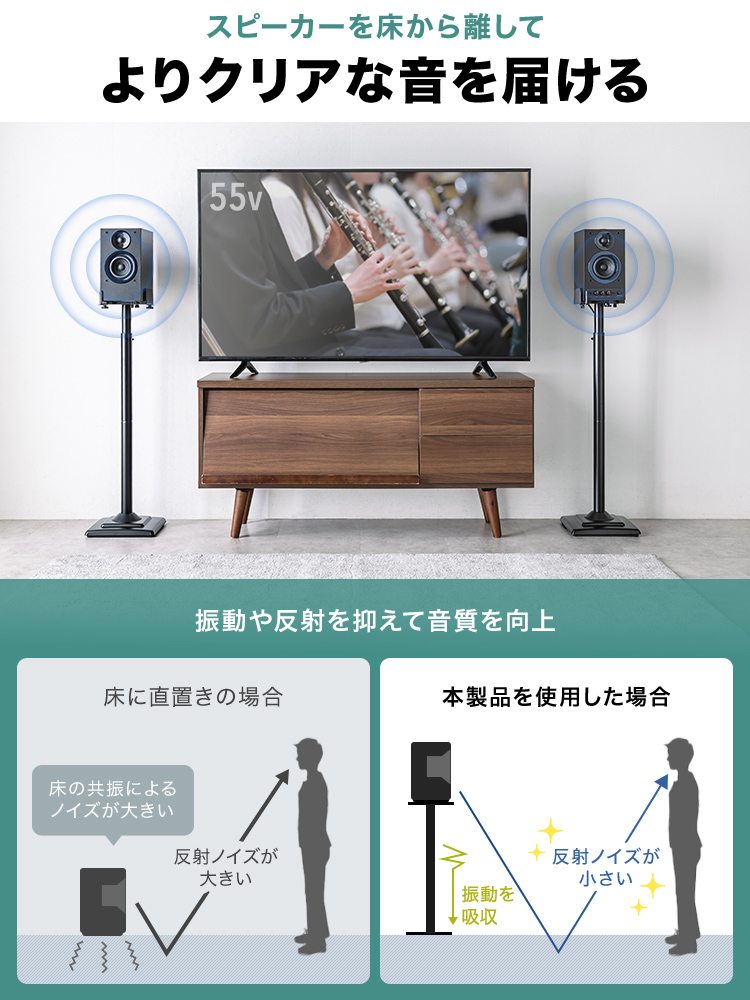 スピーカーを床から離し、振動や反射を抑えて音質を向上、よりクリアな音をお届けします。