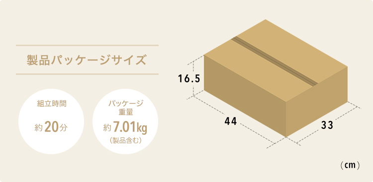 製品パッケージサイズ、組立時間約20分、パッケージ重量約7.01kg（製品含む）