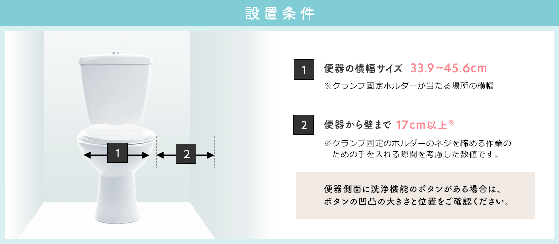 設置条件 便器の横幅サイズ 33.9～45.6cm  便器から壁まで 17cm以上※