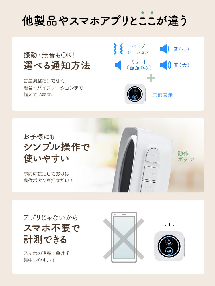 他製品やスマホアプリとここが違う！音量調整に加えて無音やバイブレーションも備えています。事前設定しておけばボタンを押すだけのシンプル操作でお子様でも使いやすく、アプリ不要で計測できるからスマホの誘惑に負けず集中しやすい設計です。
