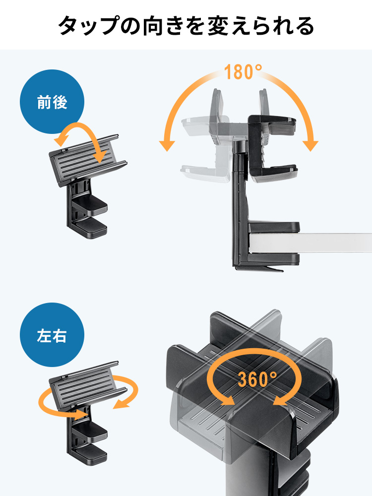 タップの向きは、前後180°、左右360°に調整できます。