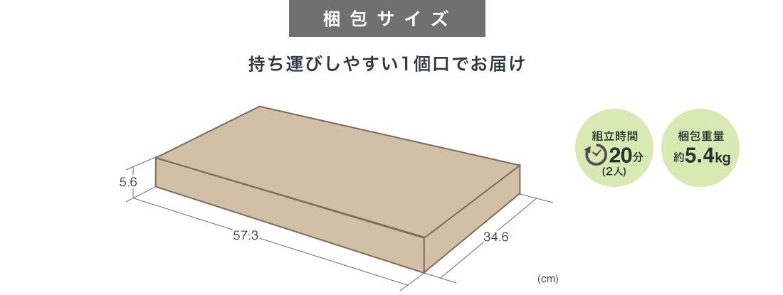 梱包サイズ 持ち運びしやすい1個口でお届け 組立て時間20分 梱包重量5.4kg