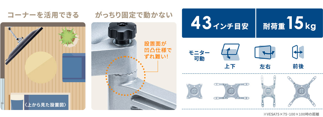 コーナーを活用できる、がっちり固定で動かない。