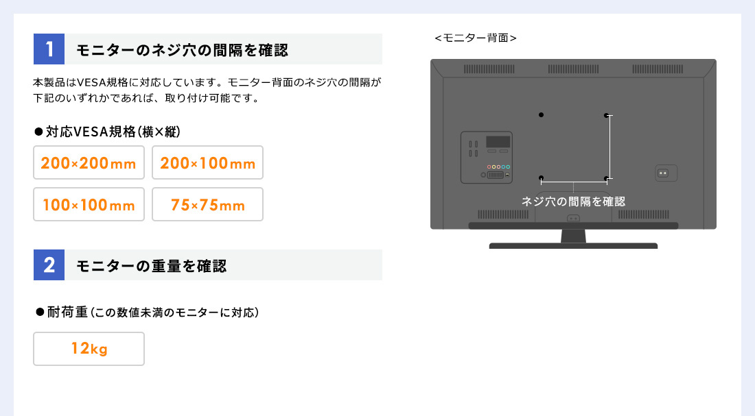 1、モニターのネジ穴の間隔を確認。2、モニターの重量を確認