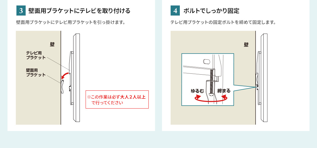 3.壁面用ブラケットにテレビを取り付ける 4.ボルトでしっかり固定