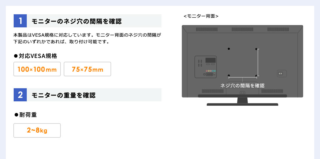 1.モニターのネジ穴の間隔を確認。・対応VESA規格。・100mm×100mm・75mm×75mm。2.モニターの重量を確認。・耐荷重2〜8kg。