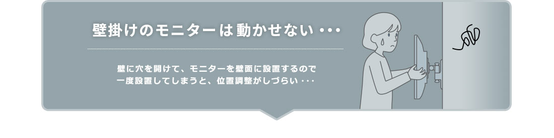 壁掛けのモニターは動かせない・・・。壁に穴を開けて、モニターを壁面に設置するので一度設置してしまうと、位置調整がしづらい・・・。