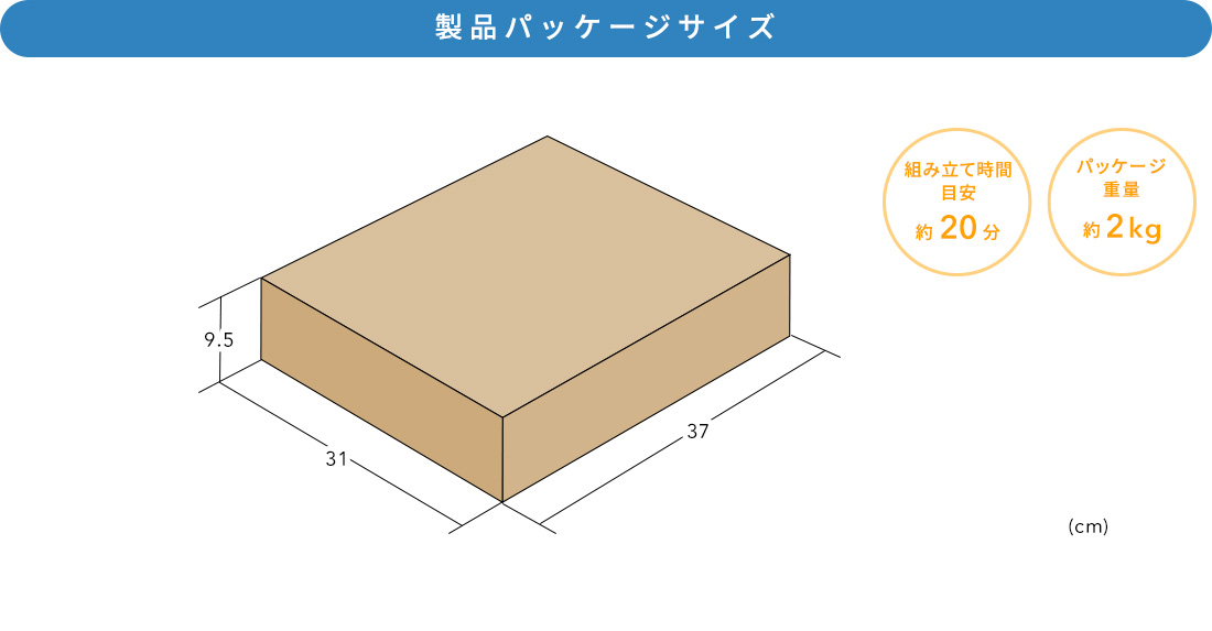 製品パッケージサイズ。組み立て時間目安約20分、パッケージ重量約2kg。