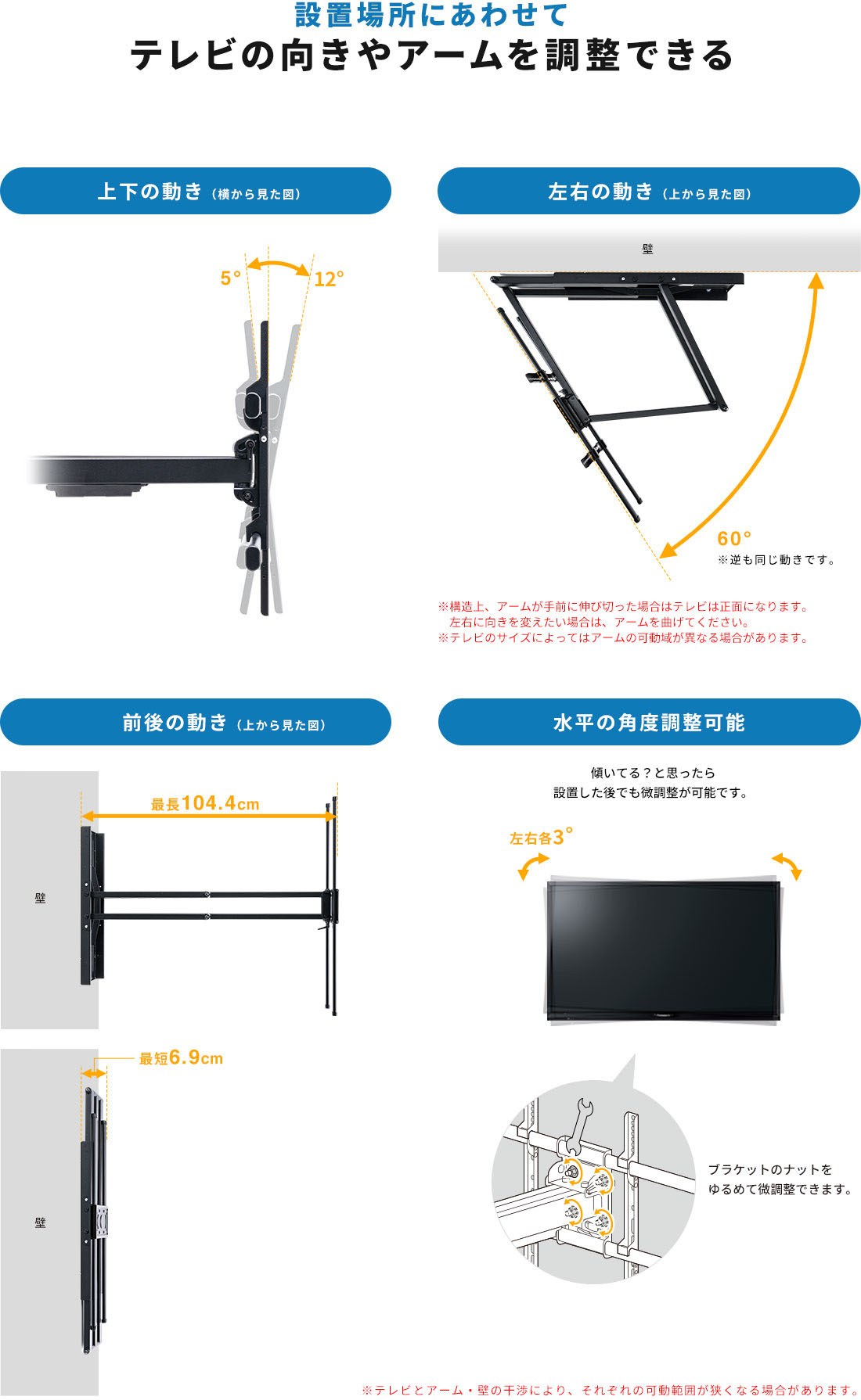 設置場所にあわせてテレビの向きやアームを調整できる