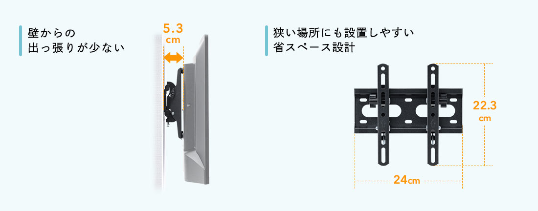 壁からの出っ張りが少ない。狭い場所にも設置しやすい省スペース設計。