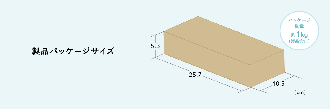 製品パッケージサイズ。パッケージ重量約1kg(製品含む)。