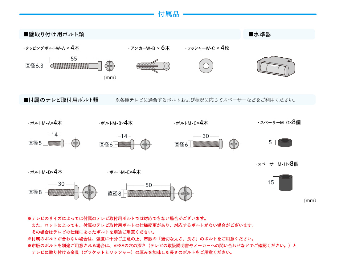 ■壁取り付け用ボルト類。■水準器。■付属のテレビ取付用ボルト類。※テレビのサイズによっては付属のテレビ取付用ボルトでは対応できない場合がございます。 また、ロットによっても、付属のテレビ取付用ボルトの仕様変更があり、対応するボルトがない場合がございます。その場合はテレビの仕様にあったボルトを別途ご用意ください。※付属のボルトが合わない場合は、強度に十分ご注意の上、市販の「適切な太さ、長さ」のボルトをご用意ください。※市販のボルトを別途ご用意される場合は、VESAの穴の深さ(テレビの取扱説明書やメーカーへの問い合わせなどでご確認ください。)とテレビに取り付ける金具(ブラケットとワッシャー)の厚みを加味した長さのボルトをご用意ください。