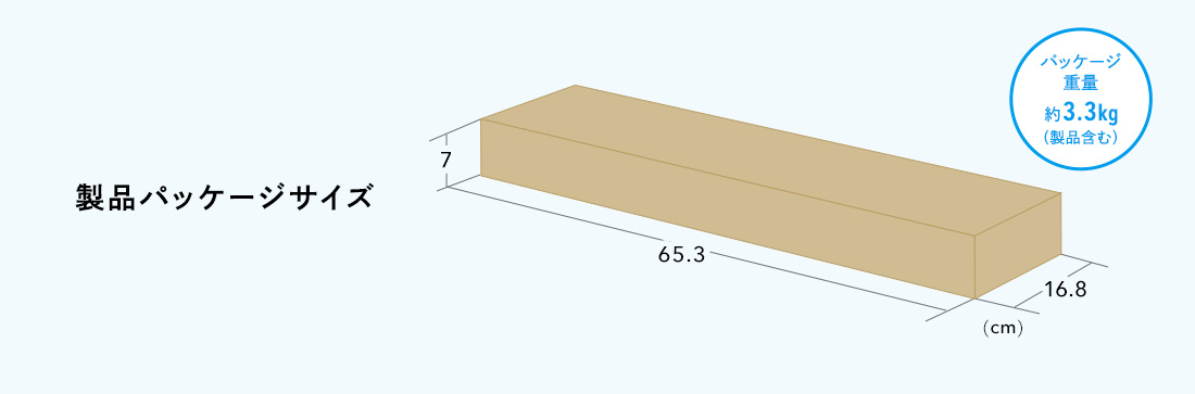 製品パッケージサイズ。パッケージ重量約3.3kg(製品含む)。