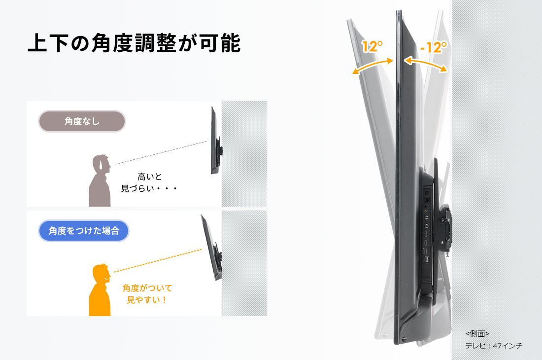 上下の角度調整が可能 <側面>テレビ：47インチ