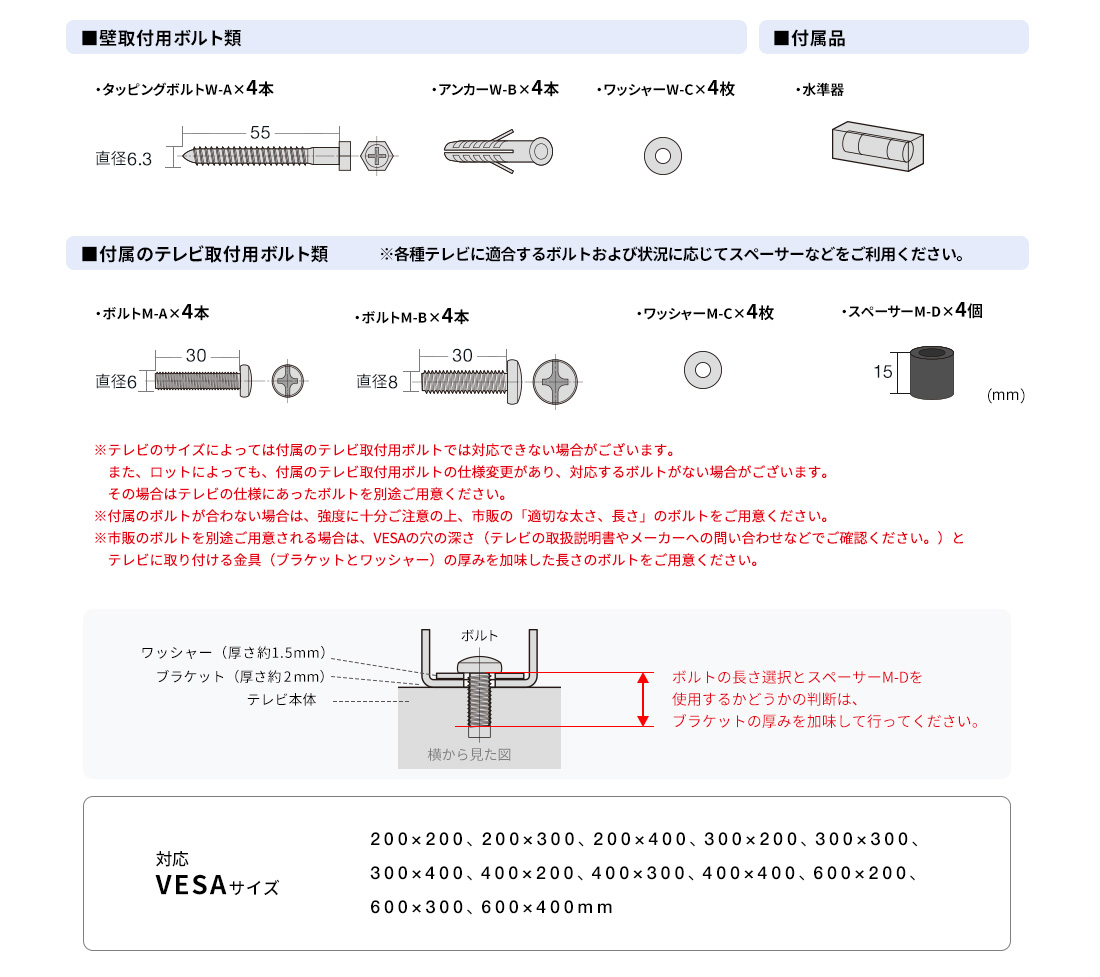 壁取付用ボルト類 付属品 付属のテレビ取付用ボルト類 ※各種テレビに適合するボルトおよび状況に応じてスペーサーなどをご利用ください。