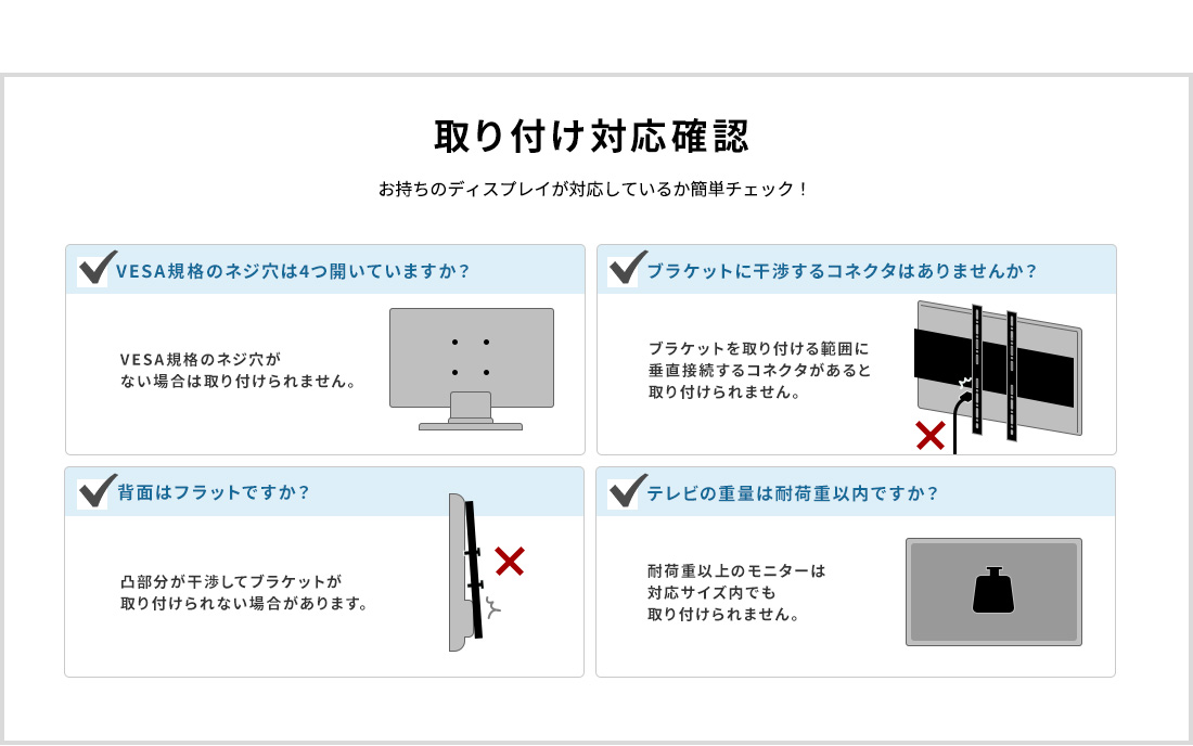 取り付け対応確認 お持ちのディスプレイが対応しているか簡単チェック！ VESA規格のネジ穴は4つ開いていますか？ ブラケットに干渉するコネクタはありませんか？ 背面はフラットですか？ テレビの重量は耐荷重以内ですか？