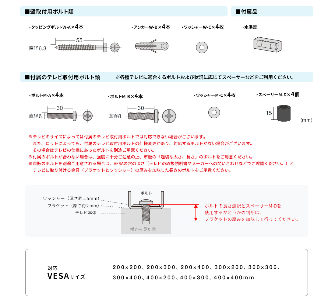 壁取付用ボルト類 付属品 付属のテレビ取付用ボルト類 ※各種テレビに適合するボルトおよび状況に応じてスペーサーなどをご利用ください。