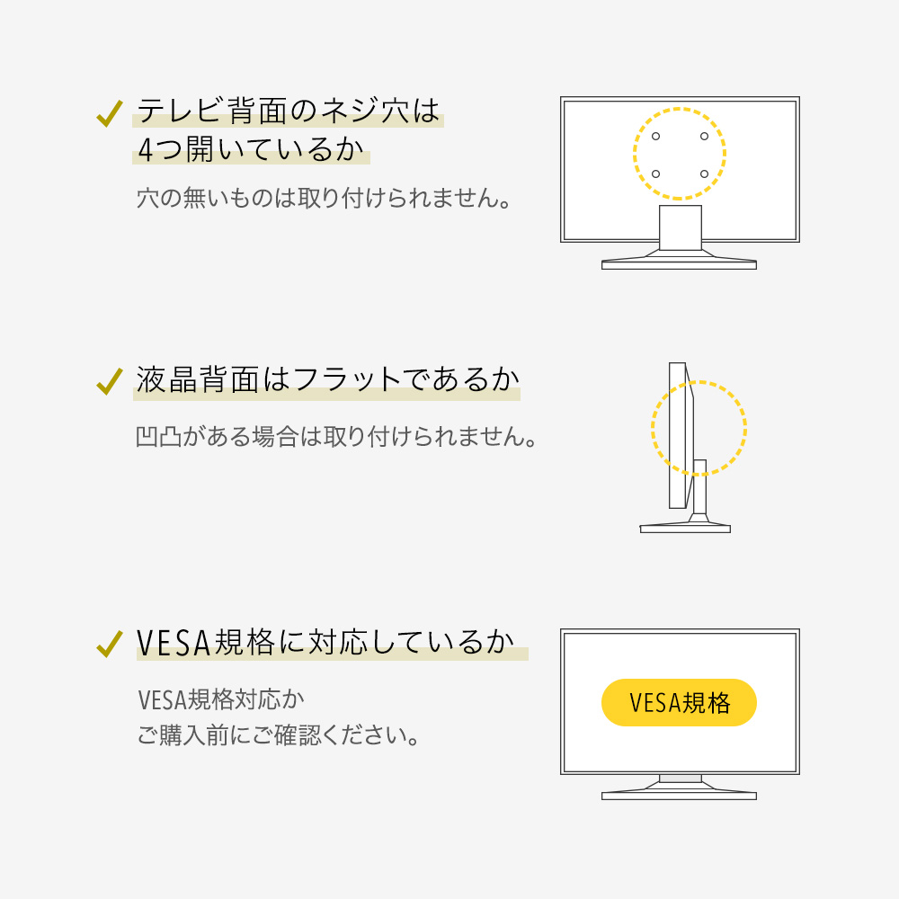 テレビ背面のネジ穴は4つ開いているか 液晶背面はフラットであるか VESA規格に対応しているか