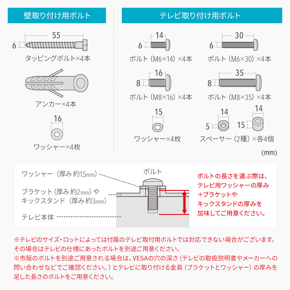 壁取り付け用ボルト テレビ取り付け用ボルト