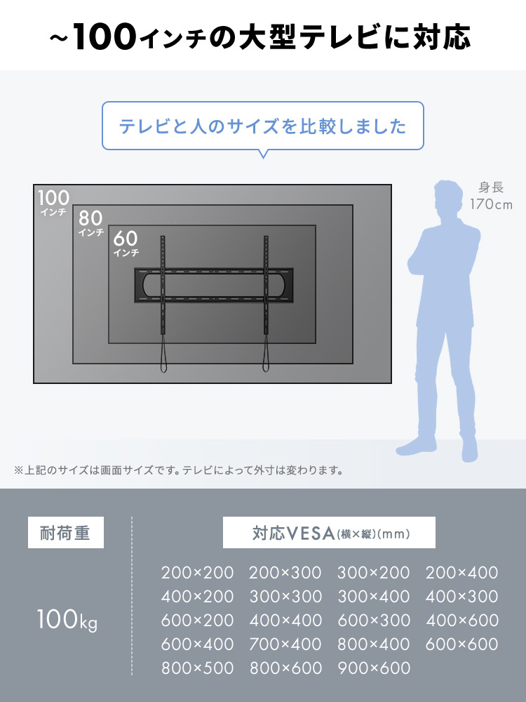 ～100インチの大型テレビに対応
