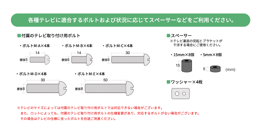 各種テレビに適合するボルトおよび状況に応じてスペーサーなどをご利用ください。