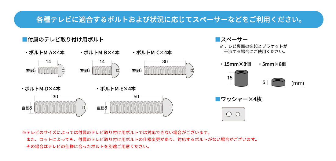 各種テレビに適合するボルトおよび状況に応じてスペーサーなどをご利用ください。