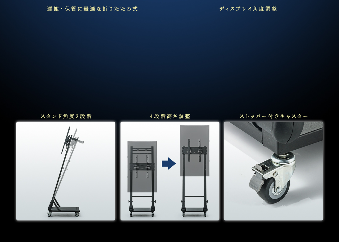 運搬・保管に最適な折りたたみ式。ディスプレイ角度調整。スタンド角度2段階。4段階高さ調整。ストッパー付きキャスター