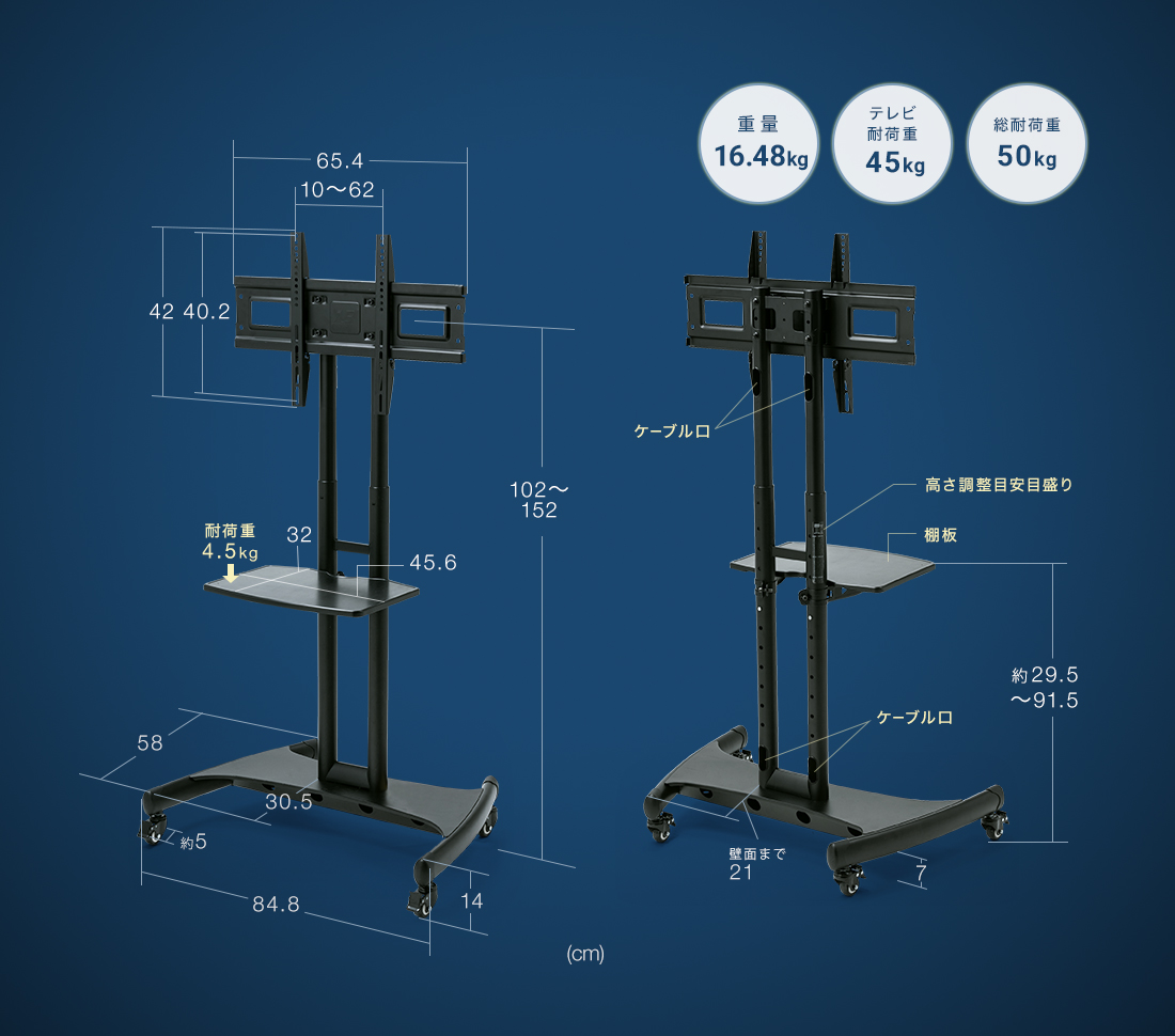 重量16.48kg、テレビ耐荷重45kg、総耐荷重50kg