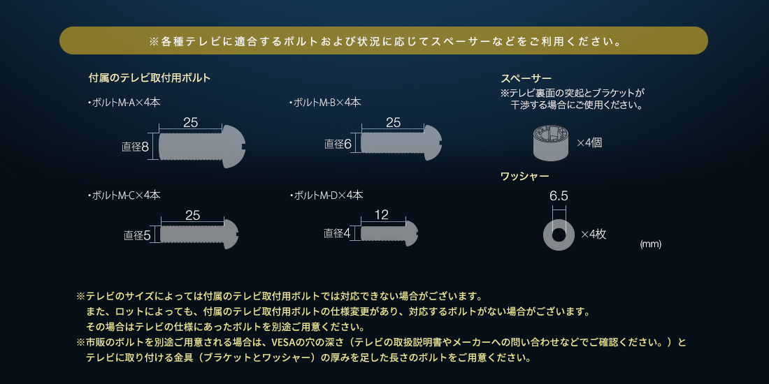 ※各種テレビに適合するボルトおよび状況に応じてスペーサーなどをご利用ください。