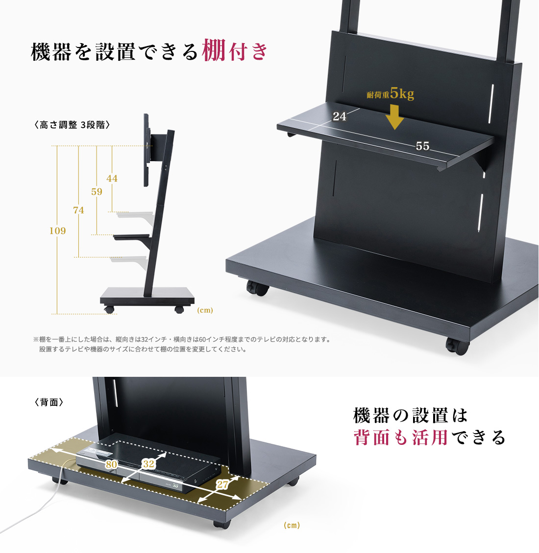 機器を設置できる棚付き　機器の設置は背面も活用できる