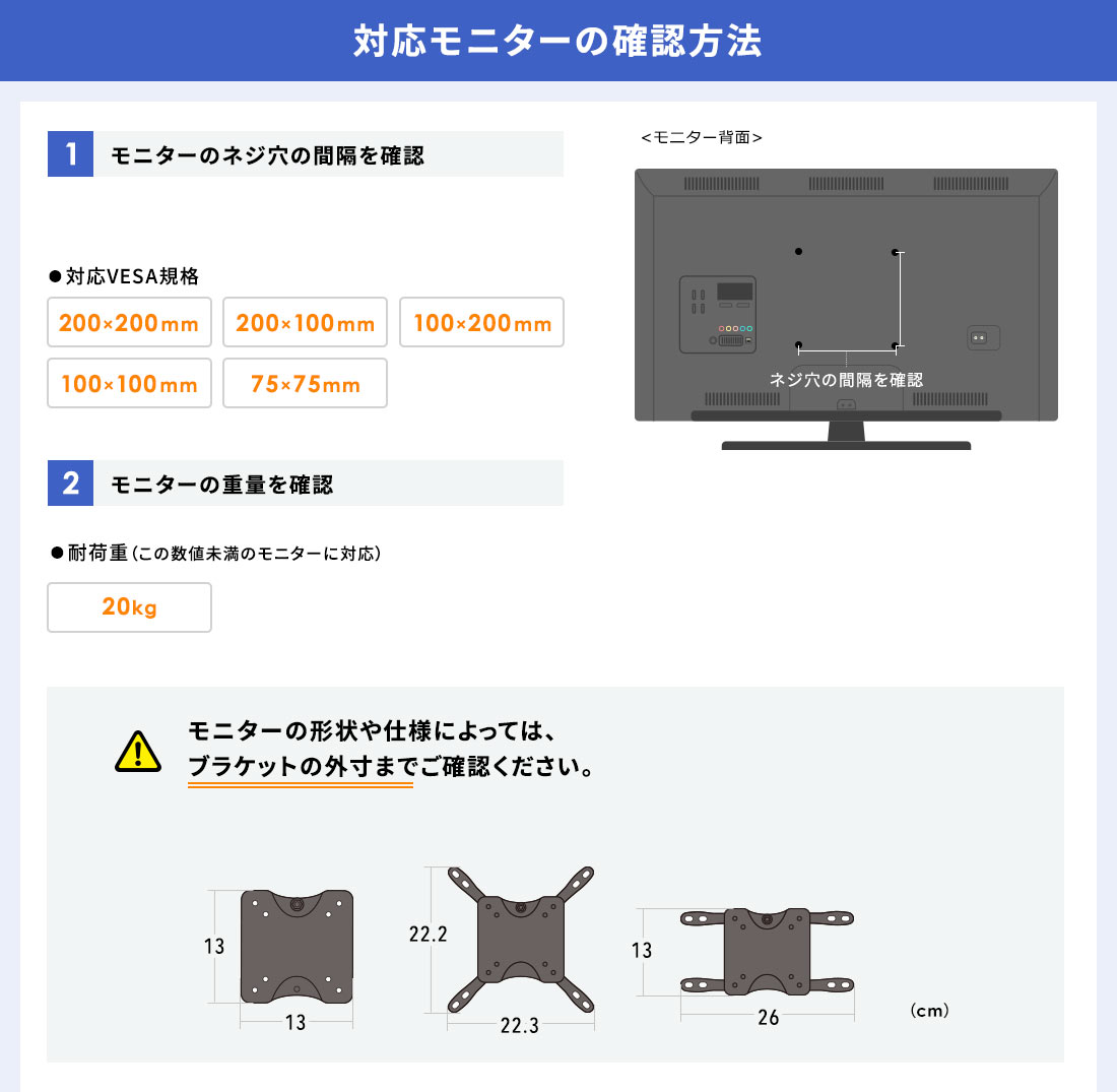 対応モニターの確認方法。1.モニターのネジ穴の間隔を確認。2.モニターの重量を確認