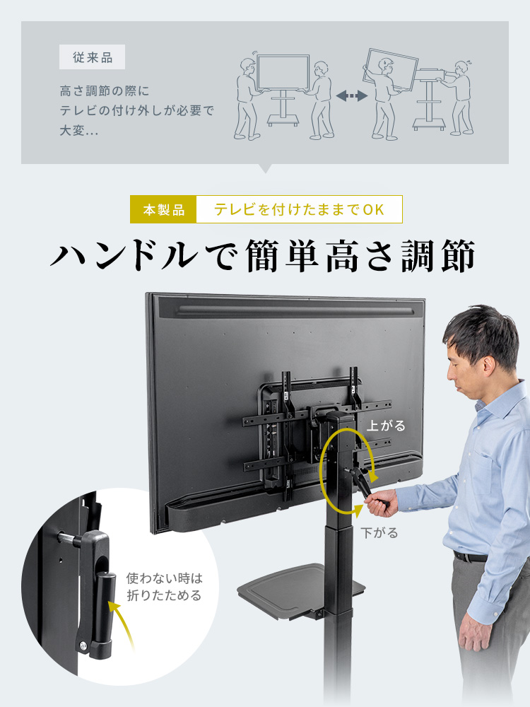 従来品は高さ調節の際にテレビの付け外しが必要で大変...本製品では、テレビを付けたままハンドルで簡単に高さ調節ができます。ハンドルを使わない時は折りたためるので邪魔になりません。