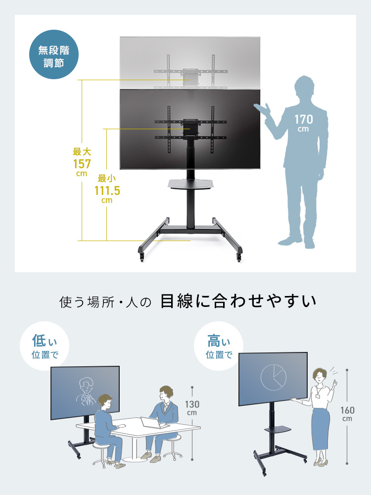 111.5cm～157cmの間を無段階調節することができ、使う場所や人の目線に合わせやすい。