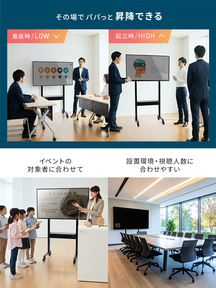 着座時にLOW、起立時にHIGH、その場でパパっと昇降できるので、イベントの対象者や、設置環境・視聴人数に合わせやすいです。