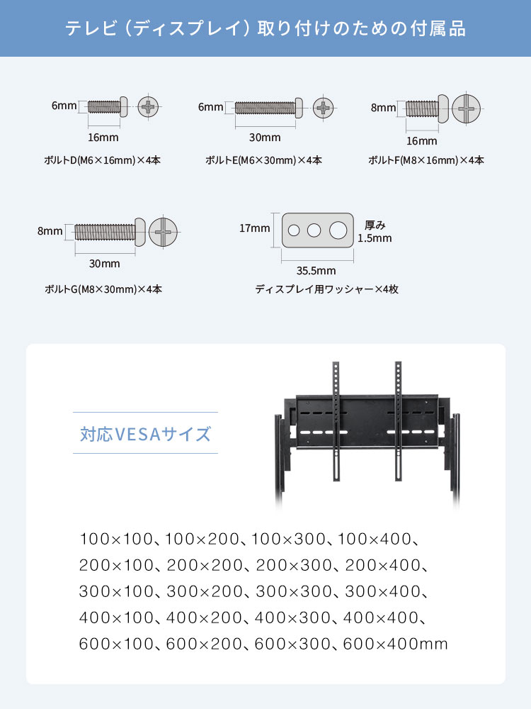 テレビ（ディスプレイ）取り付けのための付属品。ボルトD(M6×16mm)×4本、ボルトE(M6×30mm)×4本、ボルトF(M8×16mm)×4本、ボルトG(M8×30mm)×4本、ディスプレイ用ワッシャー×4枚。対応VESAサイズ、100×100、100×200、100×300、100×400、200×100、200×200、200×300、200×400、300×100、300×200、300×300、300×400、400×100、400×200、400×300、400×400、600×100、600×200、600×300、600×400mm。