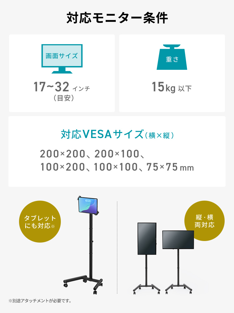 対応モニター条件：画面サイズは17インチ～32インチ、重量は15kg、対応VESAサイズは200×200、200×100、100×200、100×100、75×75mm、タブレットにも対応しており、縦横両対応です。