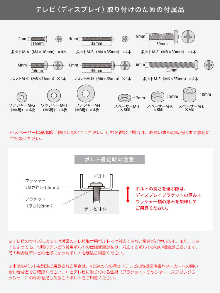 テレビ(ディスプレイ)取り付け用として、M4・M6・M8対応の各種ボルト、M4・M6・M8用ワッシャー、3種類のスペーサーを付属し、さまざまな機器の取り付けに対応します。※スペーサーは基本的に使用しないでください。止むを得ない場合は、お買い求めの販売店まで事前にご相談ください。ボルトの長さを選ぶ際は、ディスプレイブラケットの厚み+ワッシャー類の厚みを加味してご用意ください。※テレビのサイズによっては付属のテレビ取付用ボルトでは対応できない場合がございます。また、ロットによっても、付属のテレビ取付用ボルトの仕様変更があり、対応するボルトがない場合がございます。その場合はテレビの仕様にあったボルトを別途ご用意ください。