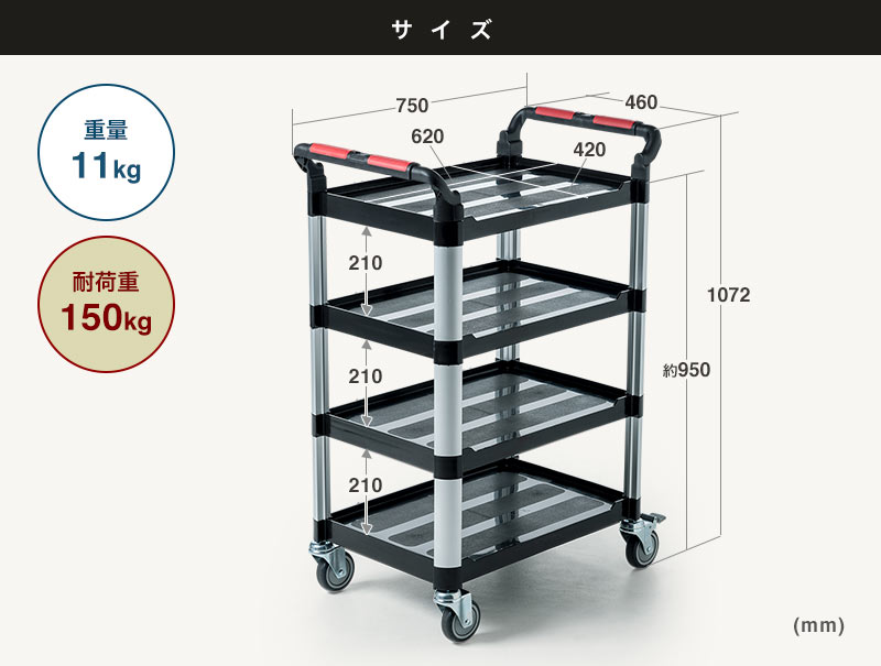 サイズ・仕様-重量6.3kg-耐荷重150kg-アルミ-PP樹脂使用