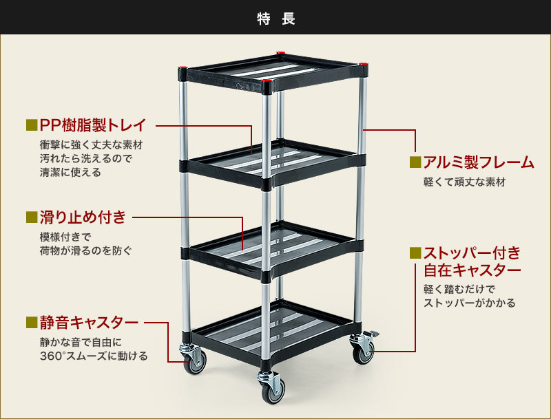 特徴 PP樹脂トレイ 滑り止め付き 静音キャスター アルミ製フレーム ストッパー付き自在キャスター