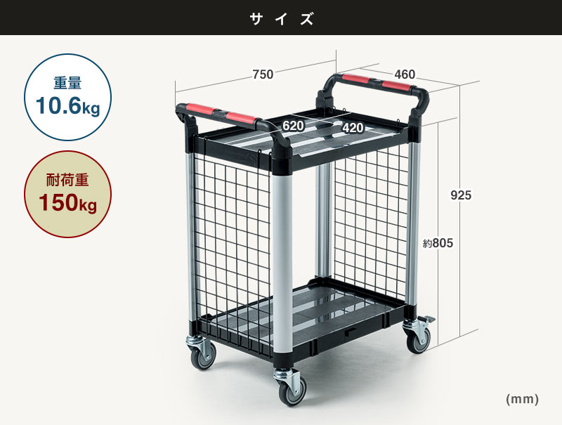 サイズ・仕様-重量10.6kg-耐荷重150kg-アルミ-PP樹脂使用