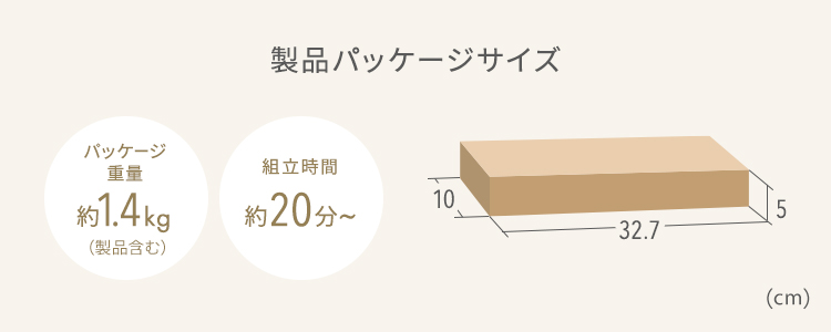 製品パッケージサイズ パッケージ重量約1.4kg 組立時間約20分～