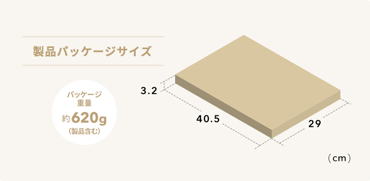 製品パッケージサイズは幅40.5cm×奥行き29cm×高さ3.2cm、パッケージ重量約620g(製品含む)。