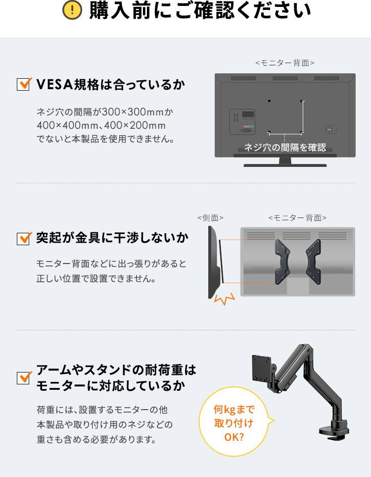購入前にご確認ください。1、VESA規格は合っているか。ネジ穴の間隔が300×300mmか400×400mm、400×200mmでないと本製品を使用できません。2、突起が金具に干渉しないか。モニター背面などに出っ張りがあると正しい位置で設置できません。3、アームやスタンドの耐荷重はモニターに対応しているか。荷重には、設置するモニターの他本製品や取り付け用のネジなどの重さも含める必要があります。