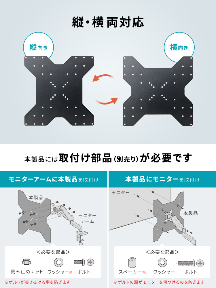 縦向きでも横向きでも使用でき、取り付けには別売りの取り付け部品が必要です。