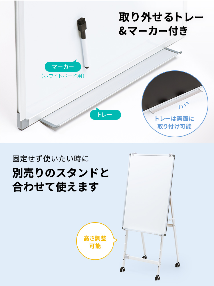 取り外せるトレーとマーカー付きで、トレーは両面に取り付け可能です。また、固定せず使いたい場合は、別売りの高さ調整可能なスタンドと合わせて使えます。